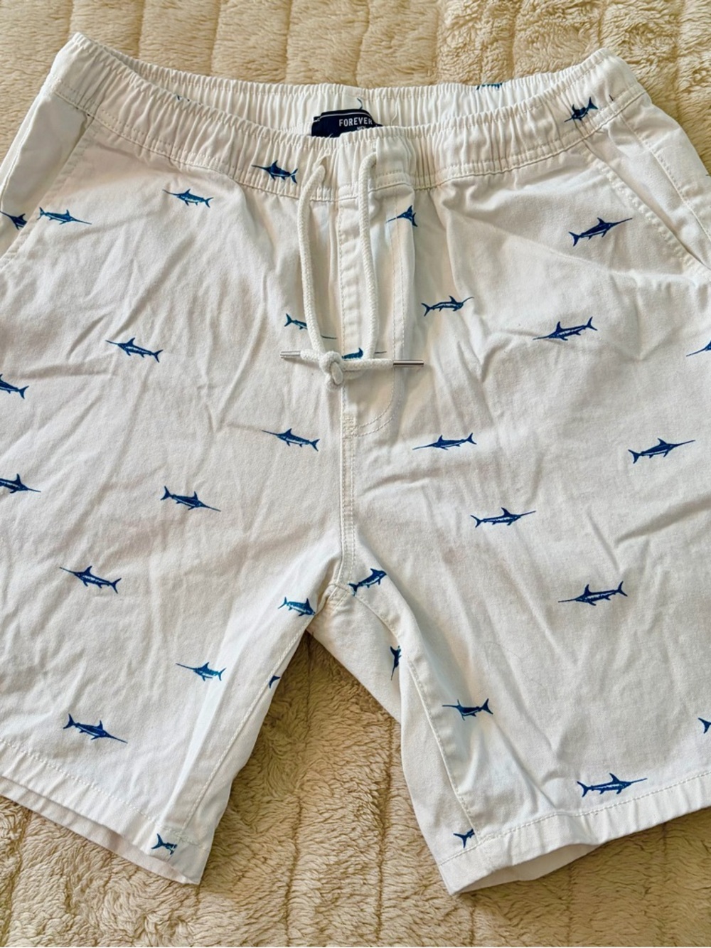 Forever 21 Men’s White Swim Trunks with Blue Shark Print